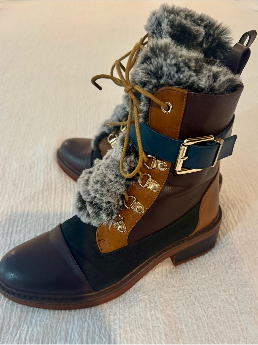 Patrizia by Spring Step Fur-Trim Moto Combat Boots 8.5 NWOT